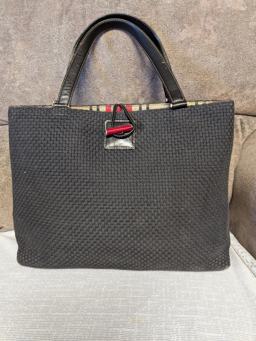 Vintage Kate Spade Black Woven Raffia Tote | Leather Trim & Striped Interior